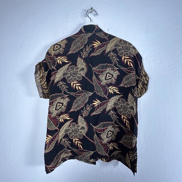 Vintage Womens Black & Gold Floral Short Sleeve Button-Up Shirt  Mandarin Collar - Picture 2 of 5